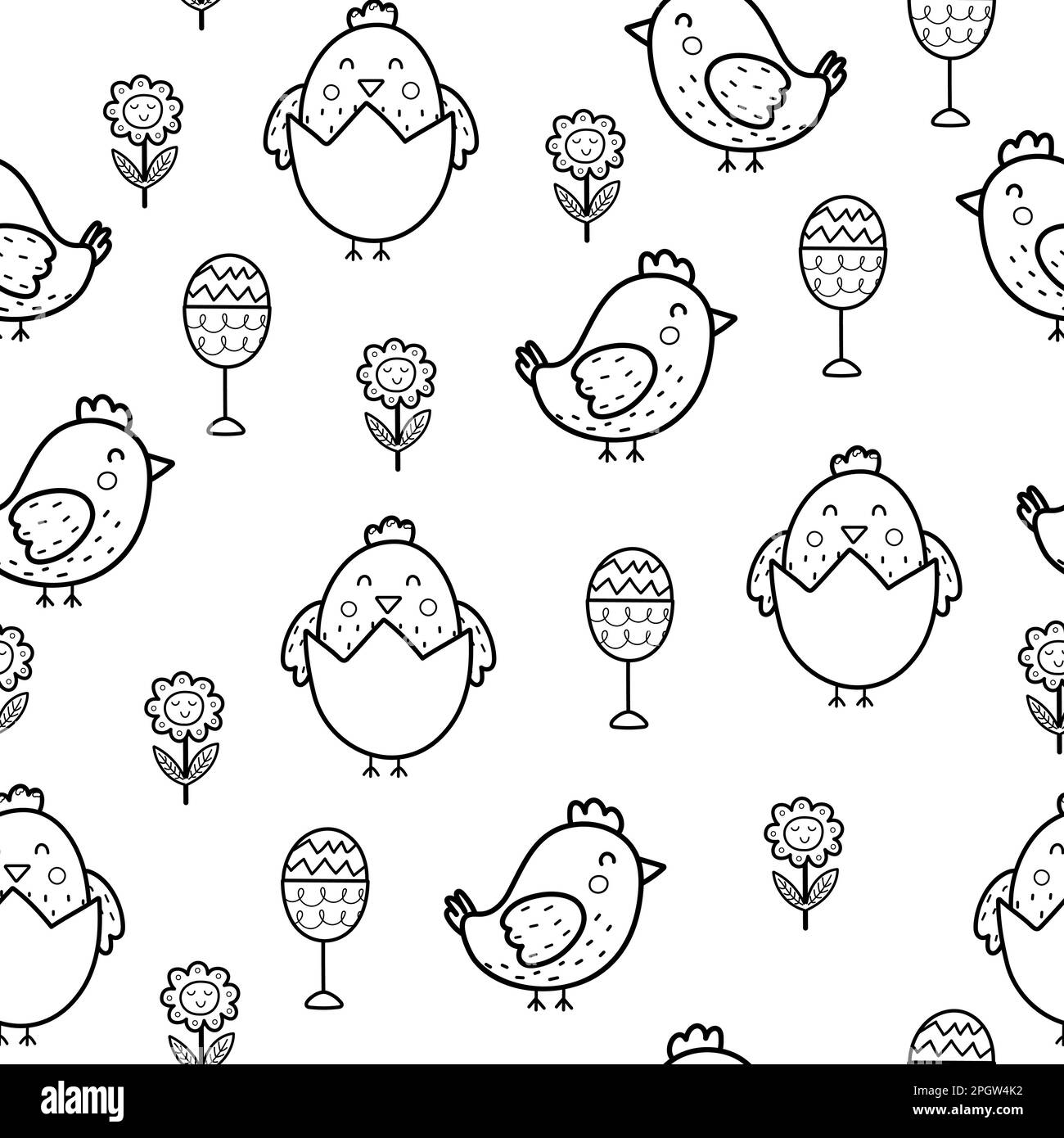 Easter black and white seamless pattern with cute chicks Stock Vector