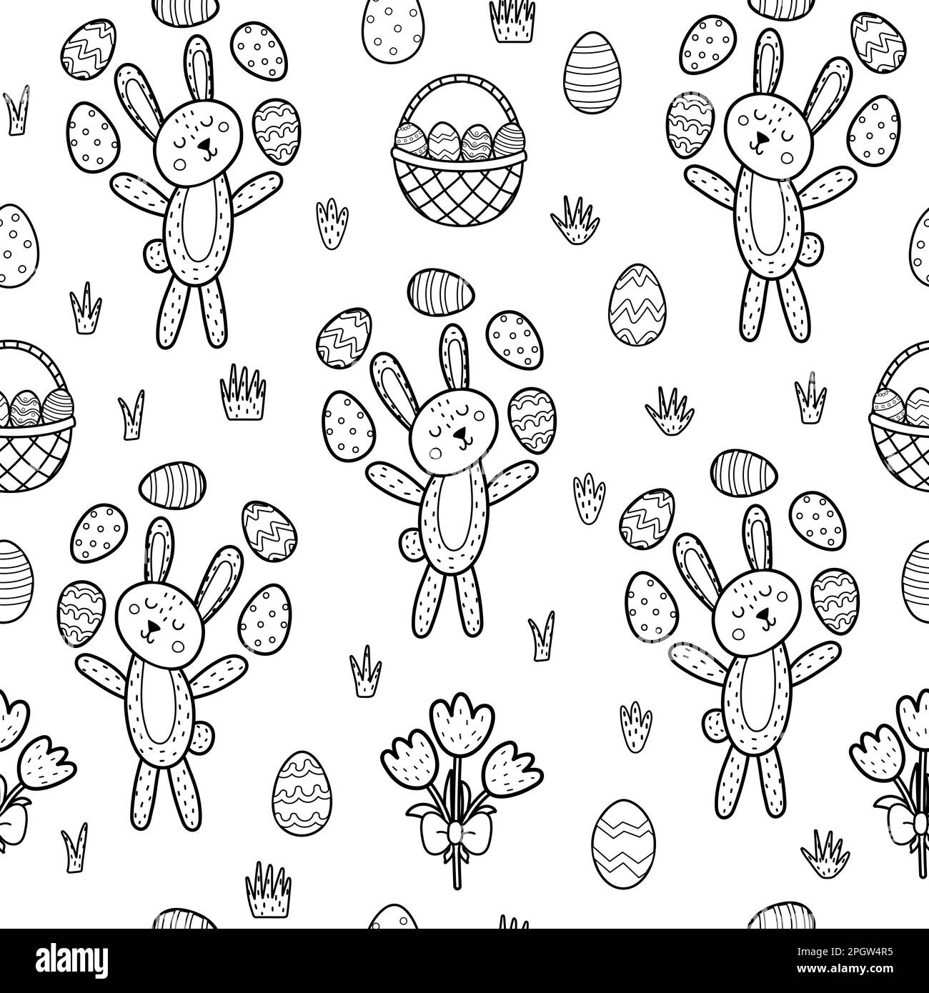 Easter bunny juggling eggs black and white seamless pattern Stock Vector