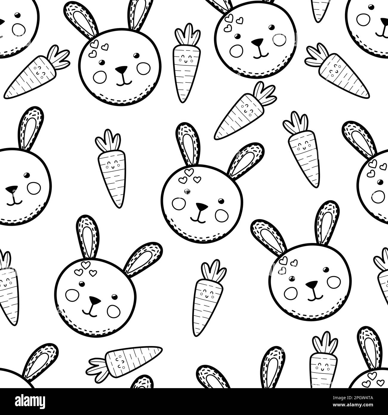 Cute rabbit and carrots black and white seamless pattern. Springtime background Stock Vector