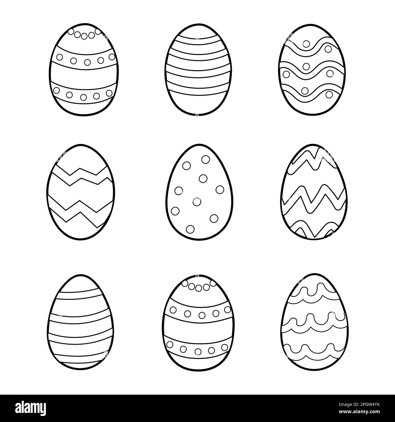 Easter doodle eggs with ornament coloring page. Spring holidays black and white elements for coloring book Stock Vector