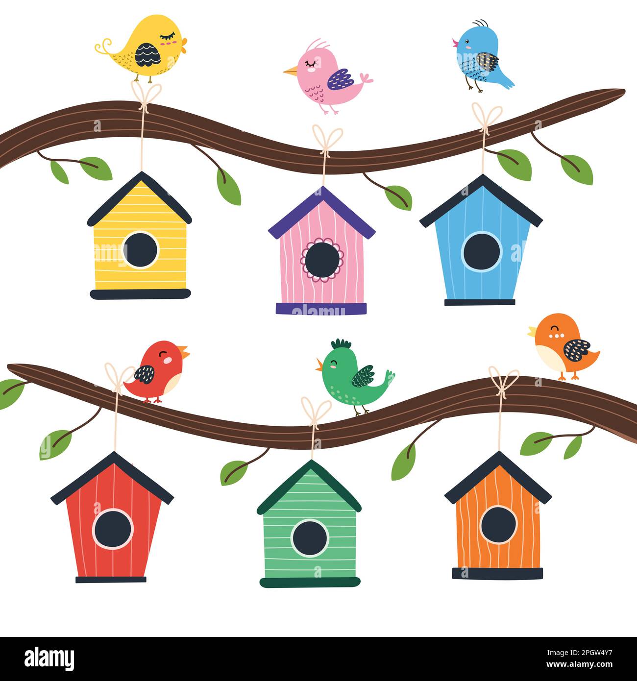 Birdhouse tree with cute birds. Nesting box set in cartoon style Stock ...