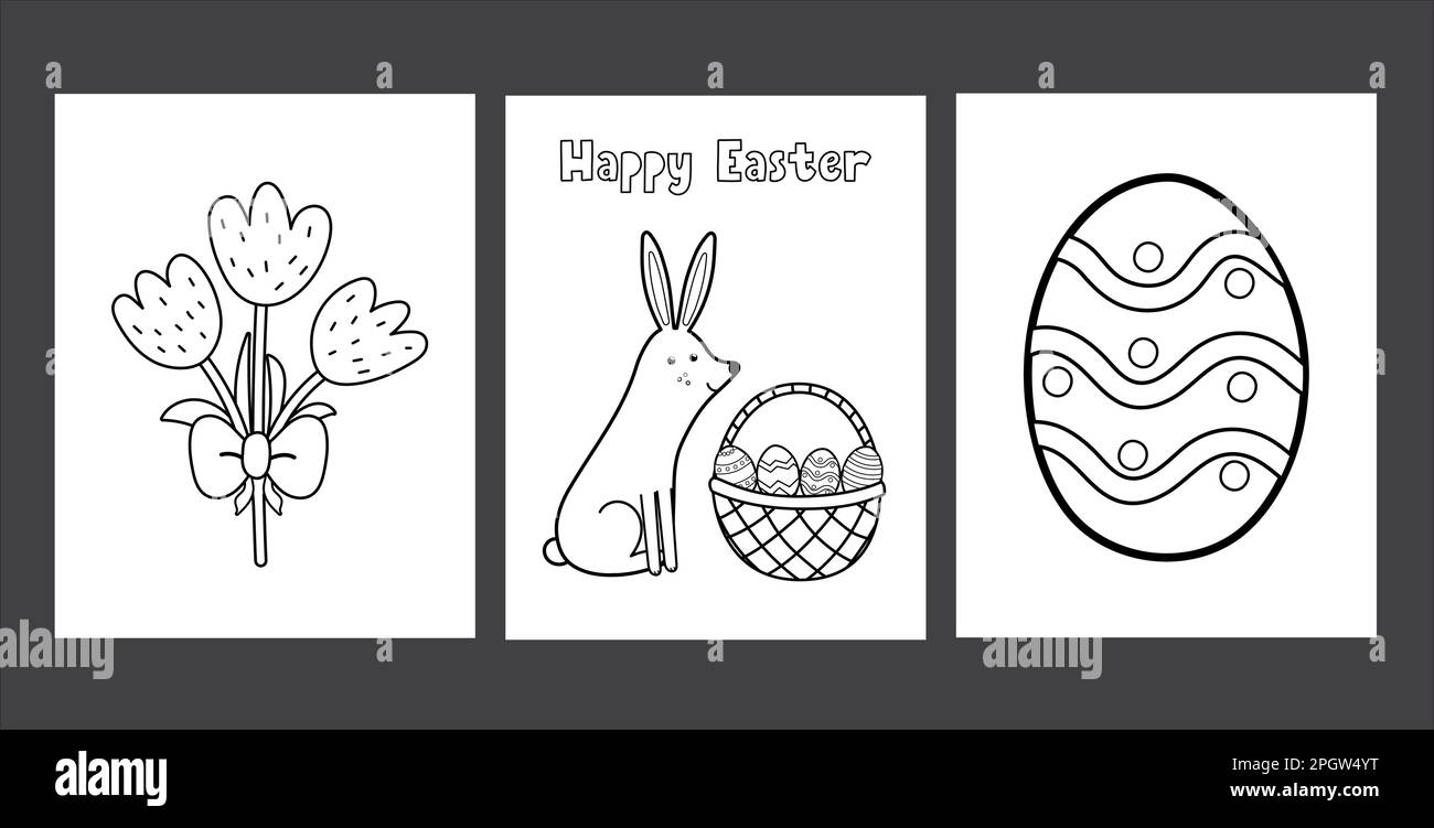 Easter coloring pages set with cute bunny, egg and tulips. Black and white spring activity pages collection Stock Vector