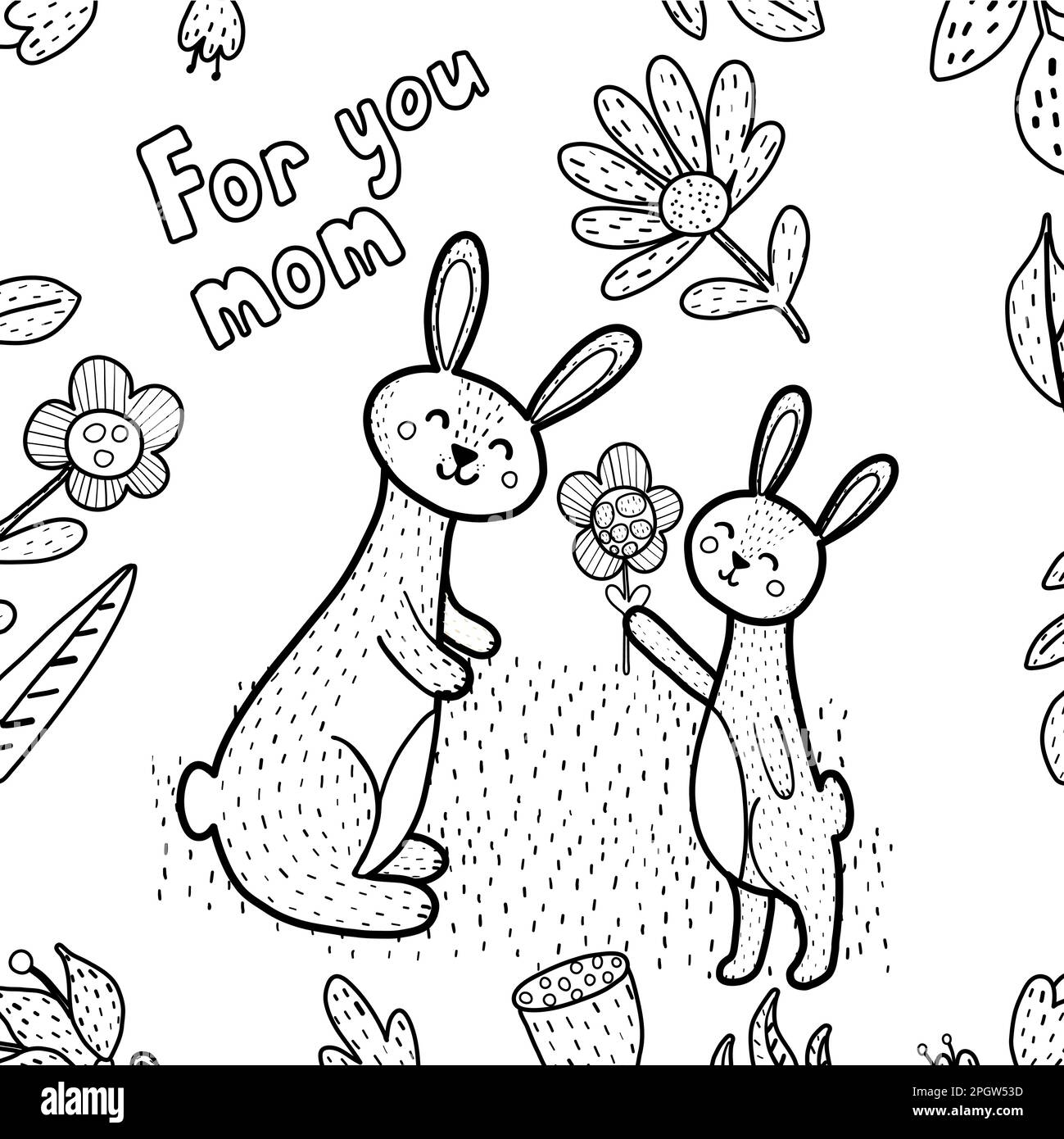 For you mom coloring page with cute rabbits mommy and baby. Black and ...