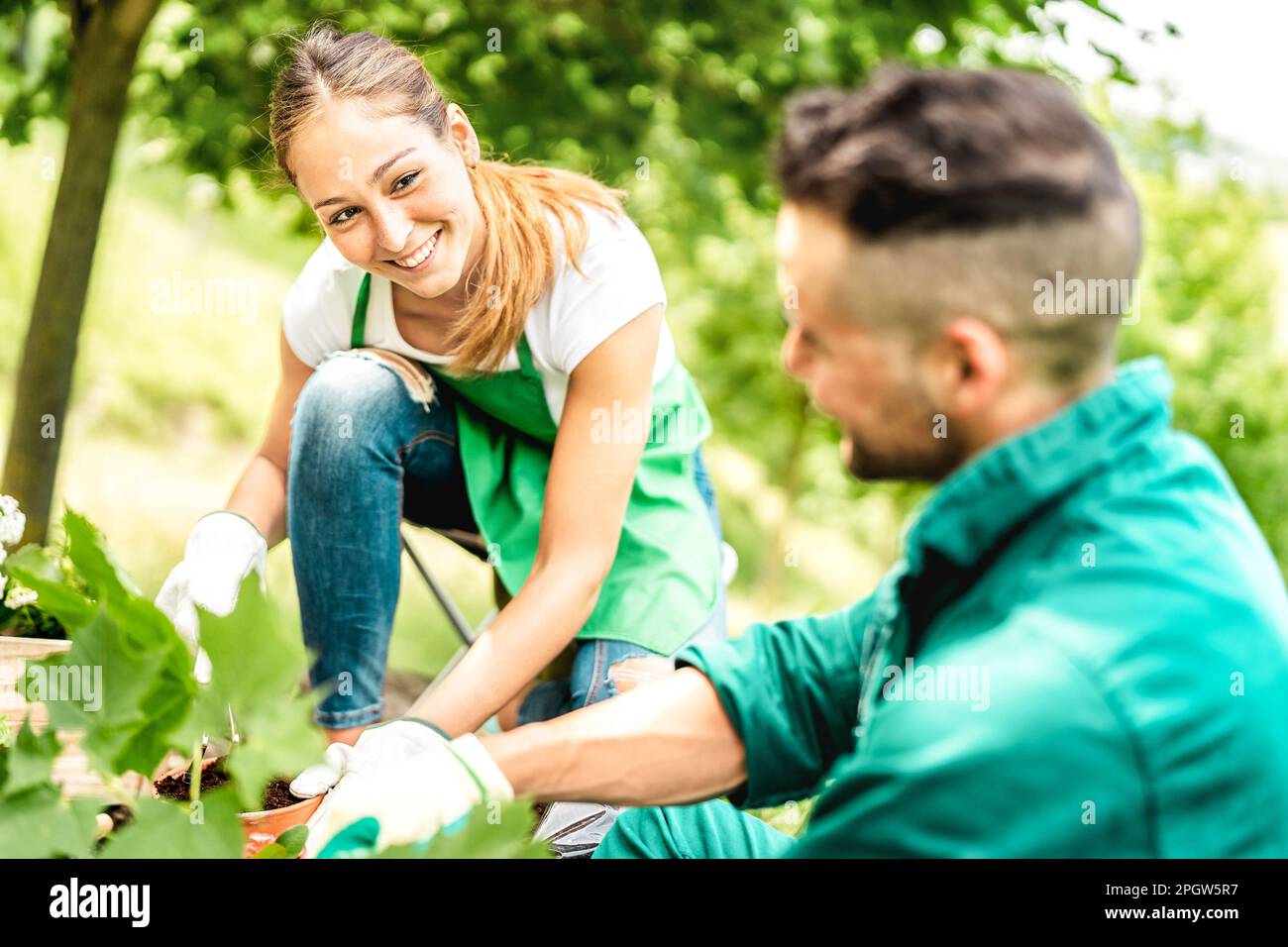 Happy farm workers taking care on small plants at alternative farm production - Biology agronomy concept with farmers couple working together on envir Stock Photo