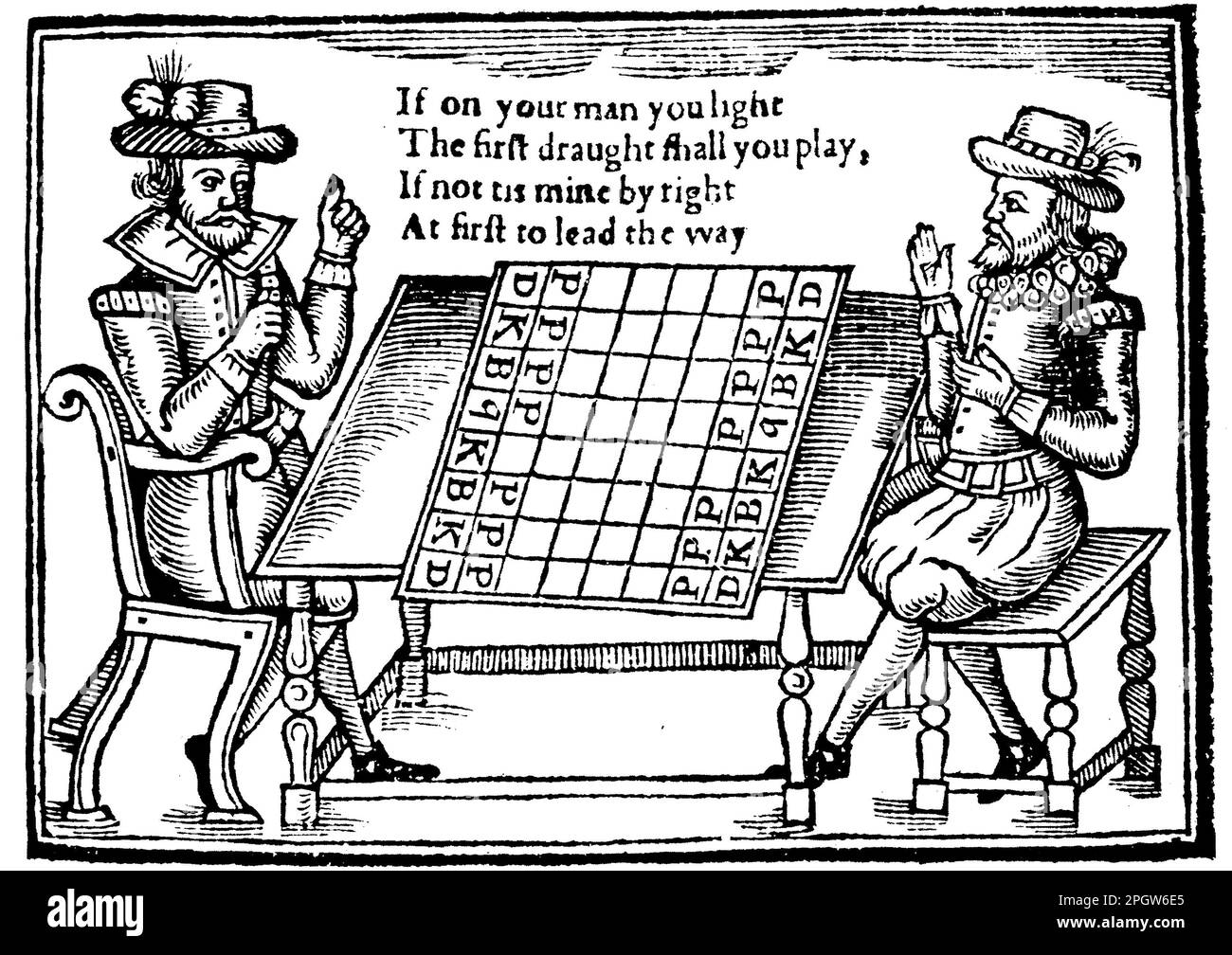 ELIZABETHAN BOARD GAME from a 16th century woodcut engraving showing two men playing a type of draughts Stock Photo
