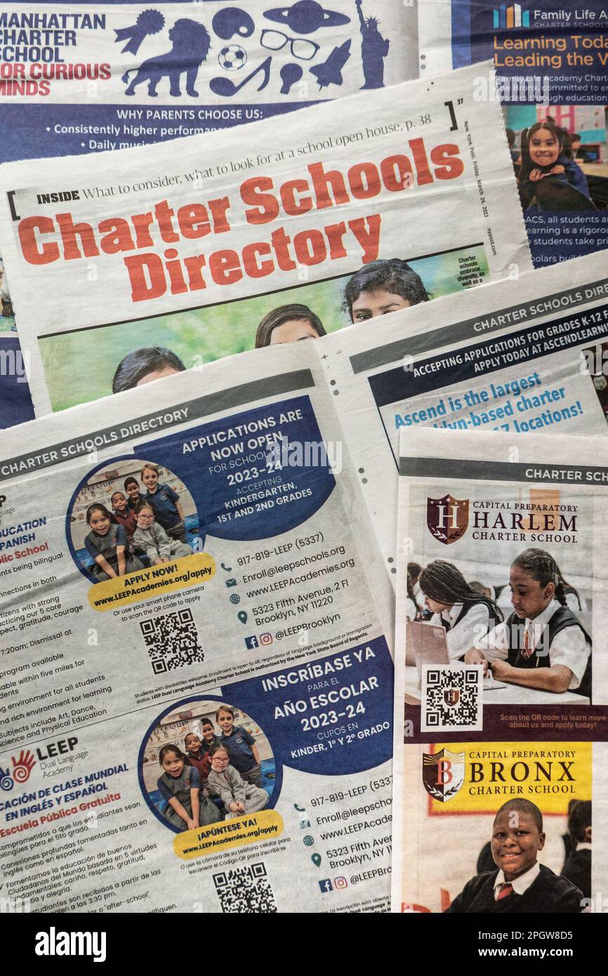 Still life of a charter school recruiting section in the New York post daily newspaper, March 2023, New York City, USA Stock Photo