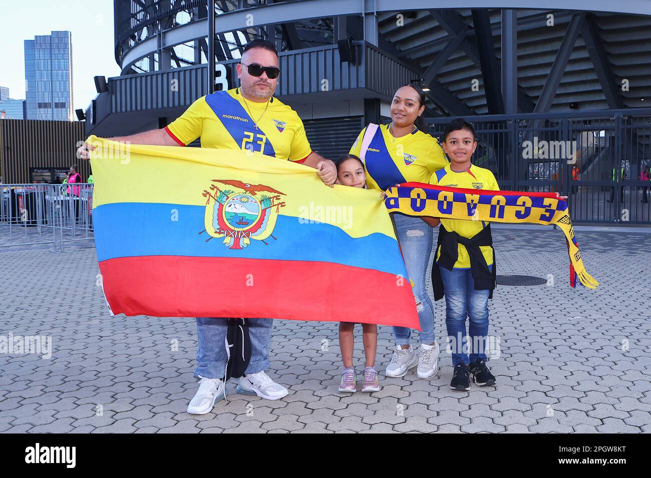 24th March 2023;  CommBank Stadium, Sydney, NSW,  Australia: International Football Friendly , Australia  versus Ecuador;  Ecuador family display their national flag Stock Photo