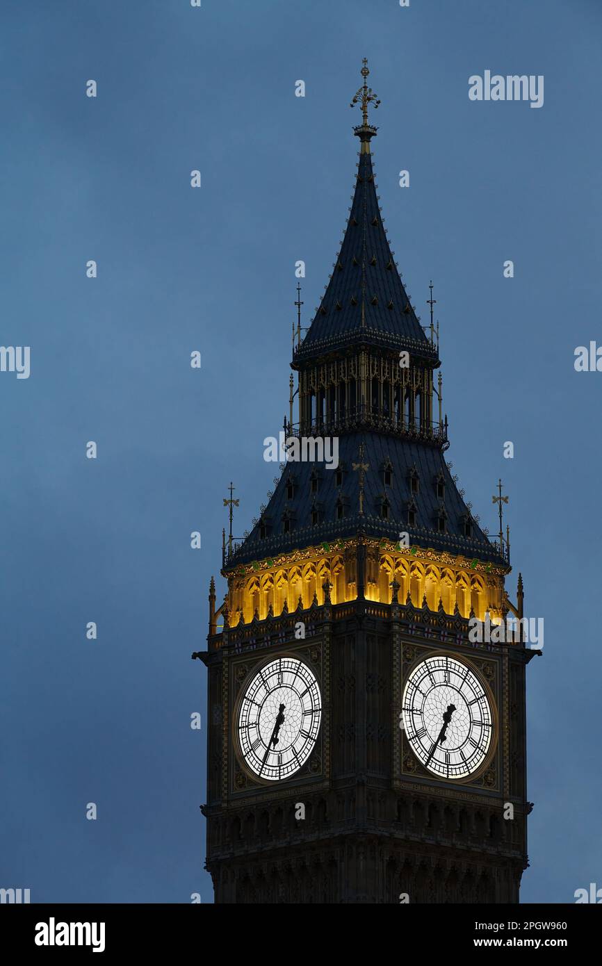 A time of twenty five to seven o'clock shown on the clock of Big Ben