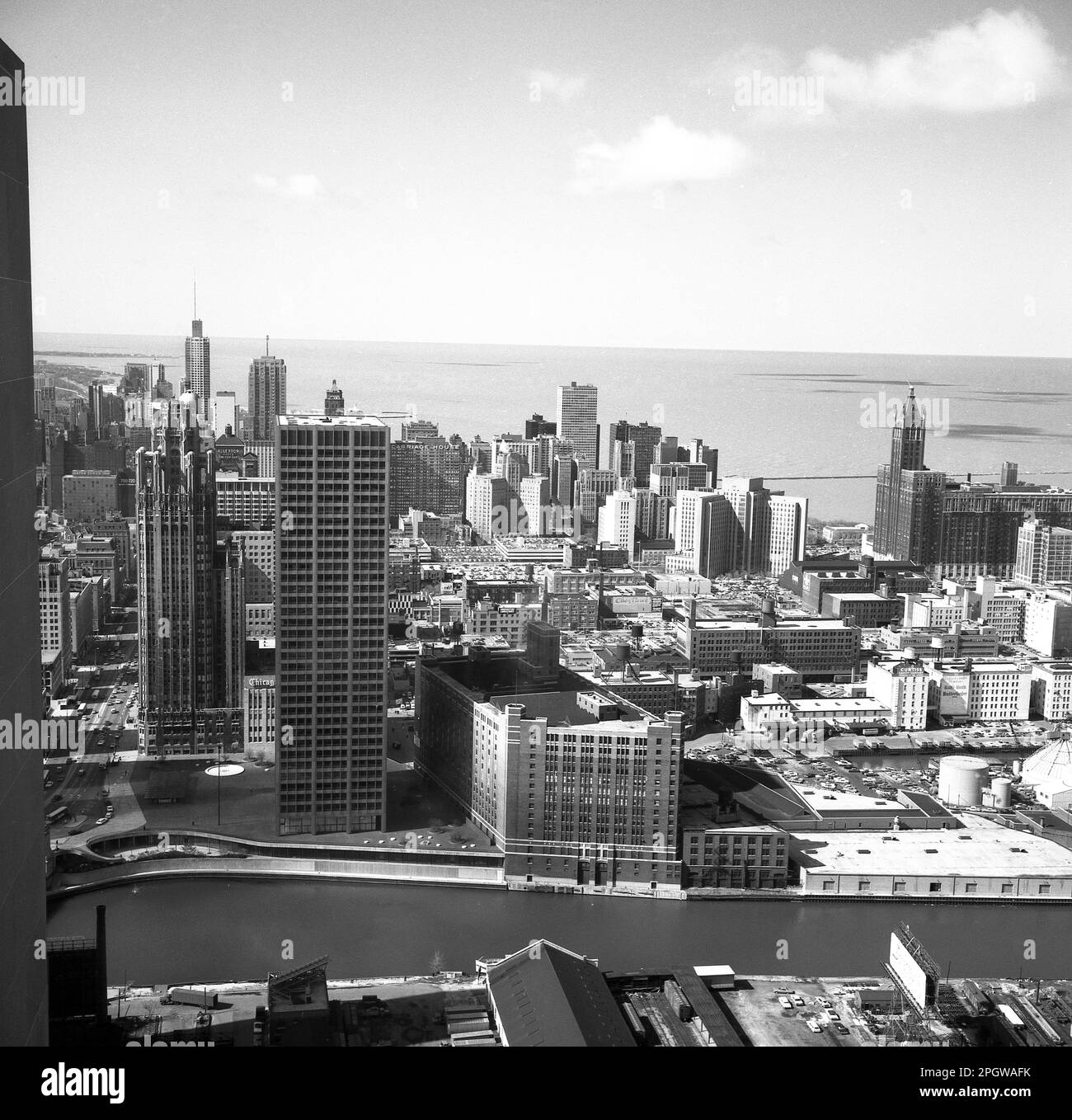 1960s, historical, Skyline, Chicago, Illinois, USA. On the far left of the picture is the Water Tower Inn on North Michigan Ave, built in 1961. Stock Photo