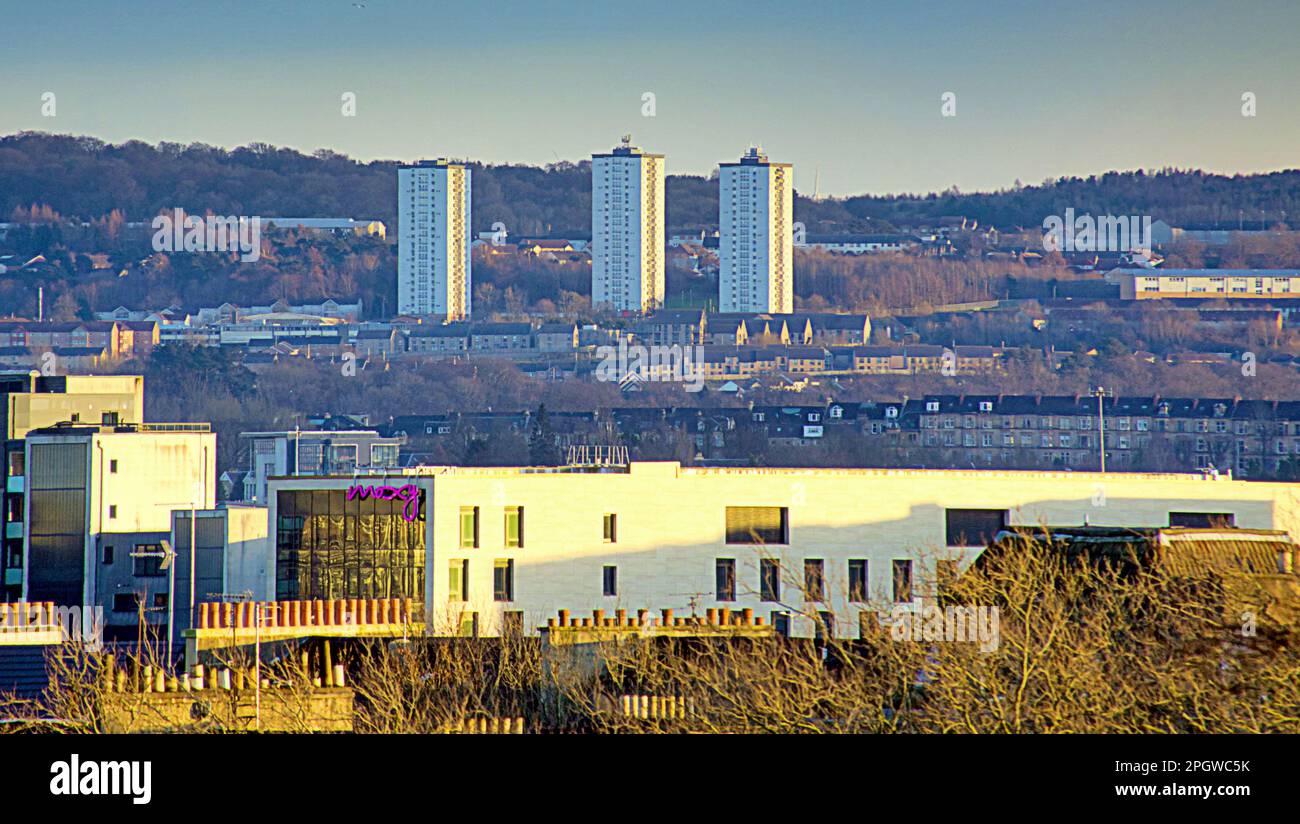 the three dougrie road towers and the council castlemilk housing scheme or project from the town centre over the roof of the moxy hotel Stock Photo