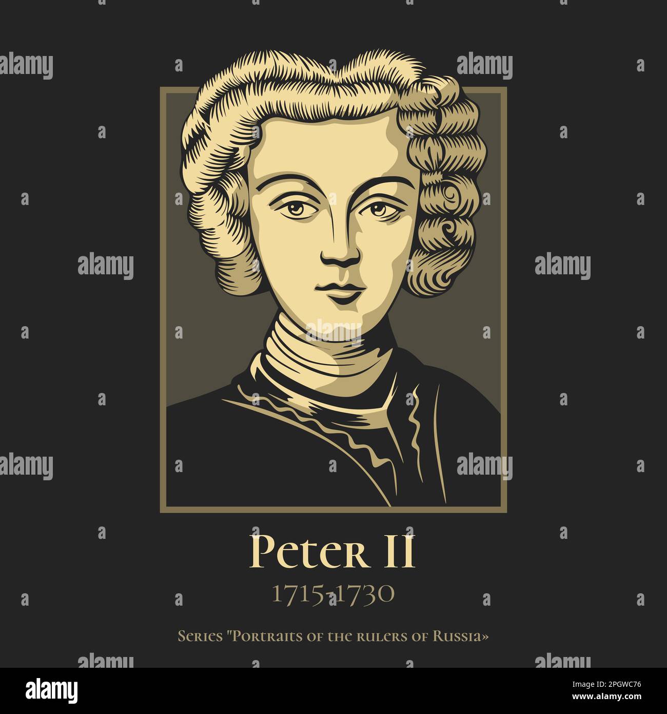 Peter II (1715-1730) reigned as Emperor of Russia from 1727 until 1730, when he died at 14. He was the last male agnatic member of the House of Romano Stock Vector