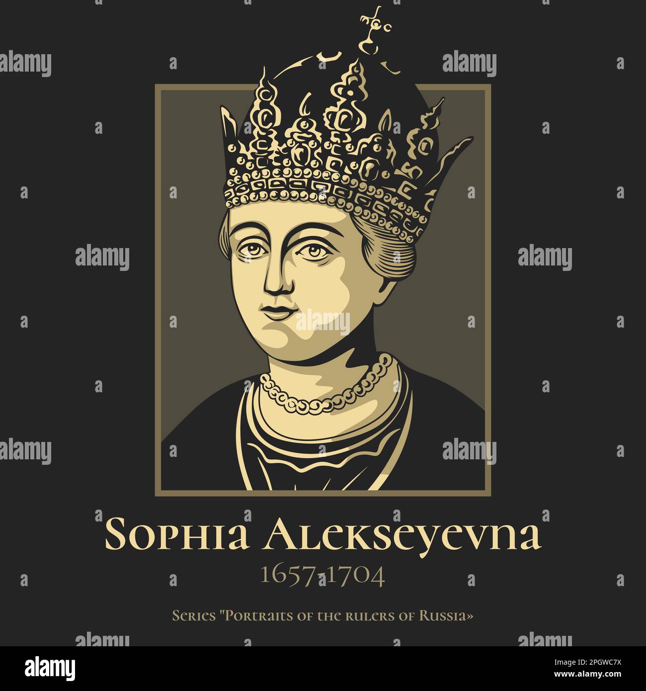 Sophia Alekseyevna (1657-1704) was a Russian princess who ruled as regent of Russia from 1682 to 1689. Stock Vector