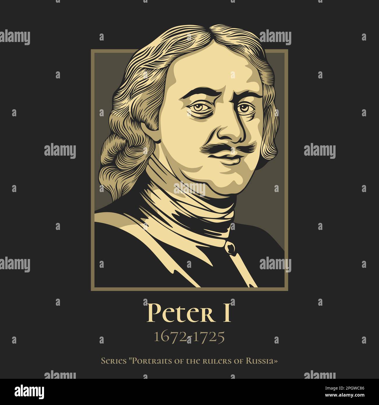 Peter I (1672-1725) most commonly known as Peter the Great, was a Russian monarch who ruled the Tsardom of Russia from 7 May 1682 to 1721. Stock Vector