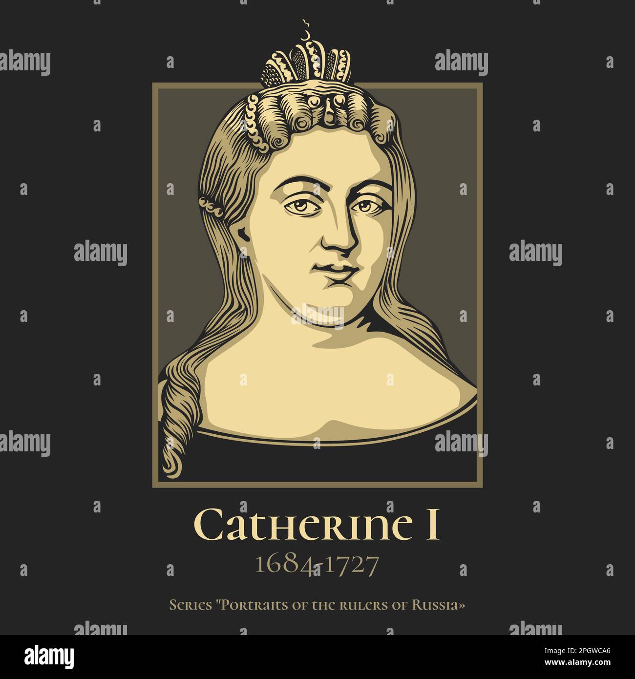 Catherine I (1684-1727) was the second wife and empress consort of Peter the Great, and Empress Regnant of Russia from 1725 until her death in 1727. Stock Vector