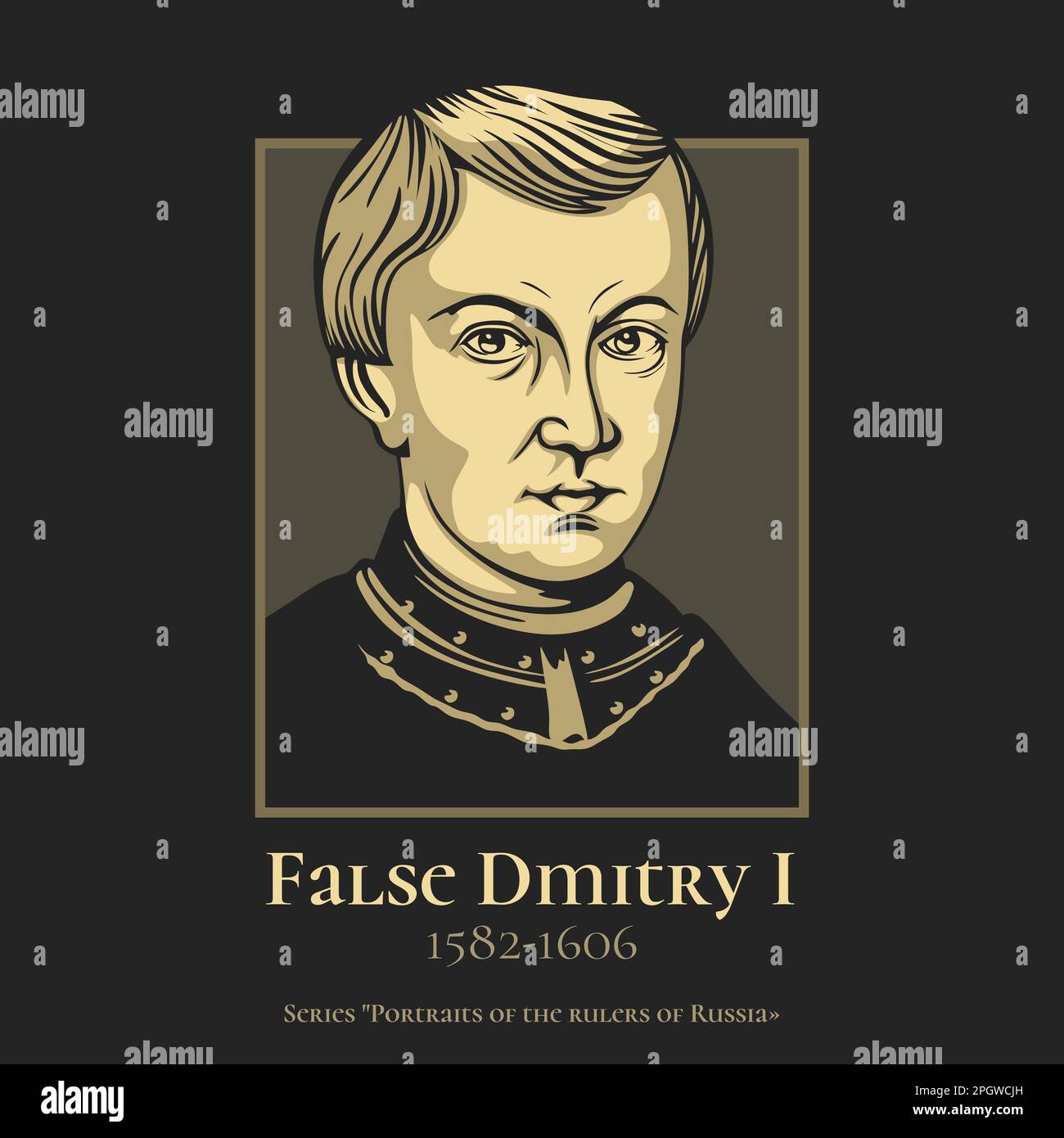 False Dmitry I (1582-1606) reigned as the Tsar of Russia from 10 June 1605 until his death on 17 May 1606 under the name of Dmitriy Ivanovich. Stock Vector