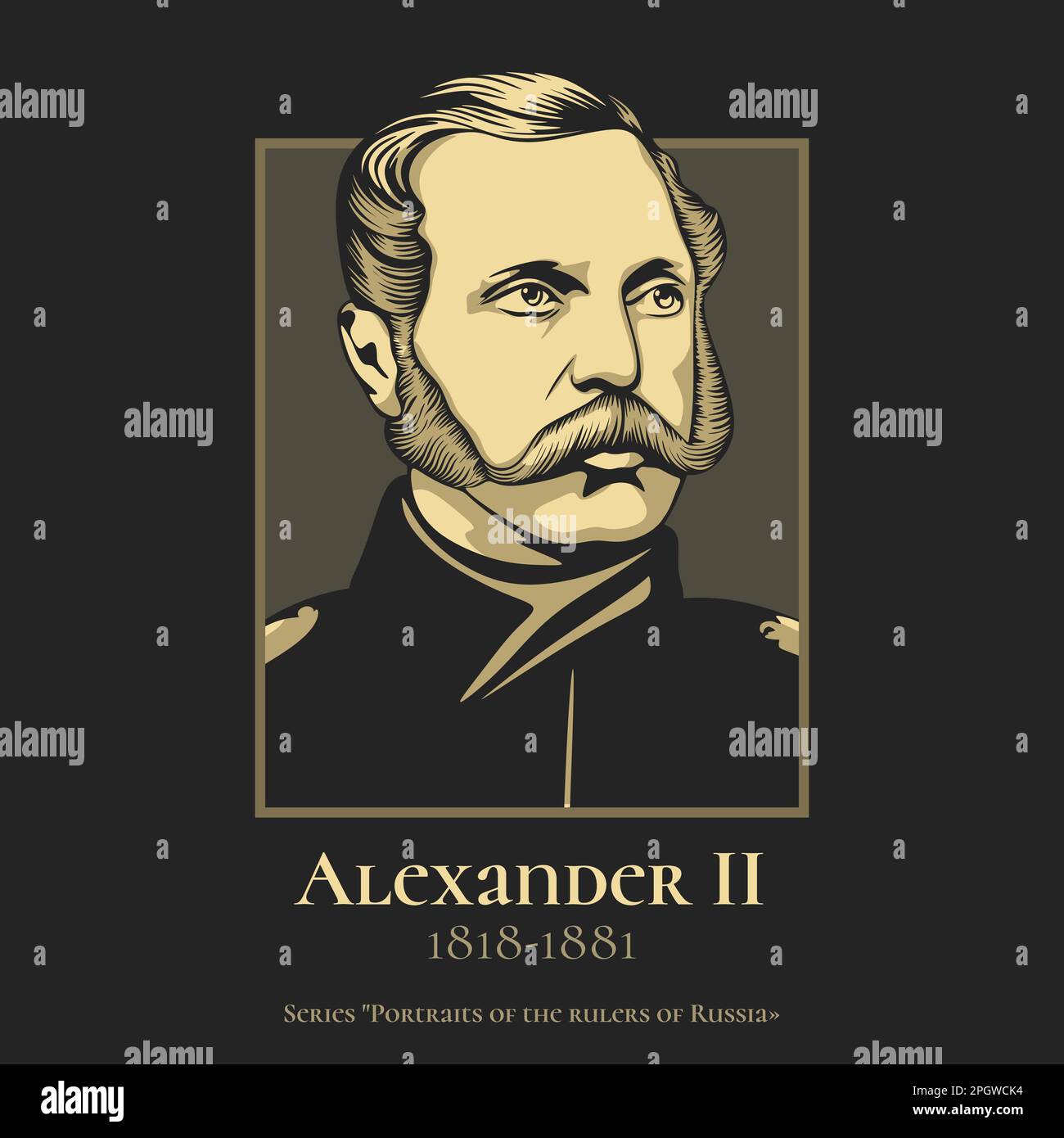 Alexander II (1818-1881) was Emperor of Russia, King of Poland and Grand Duke of Finland from 2 March 1855 until his assassination in 1881. Stock Vector