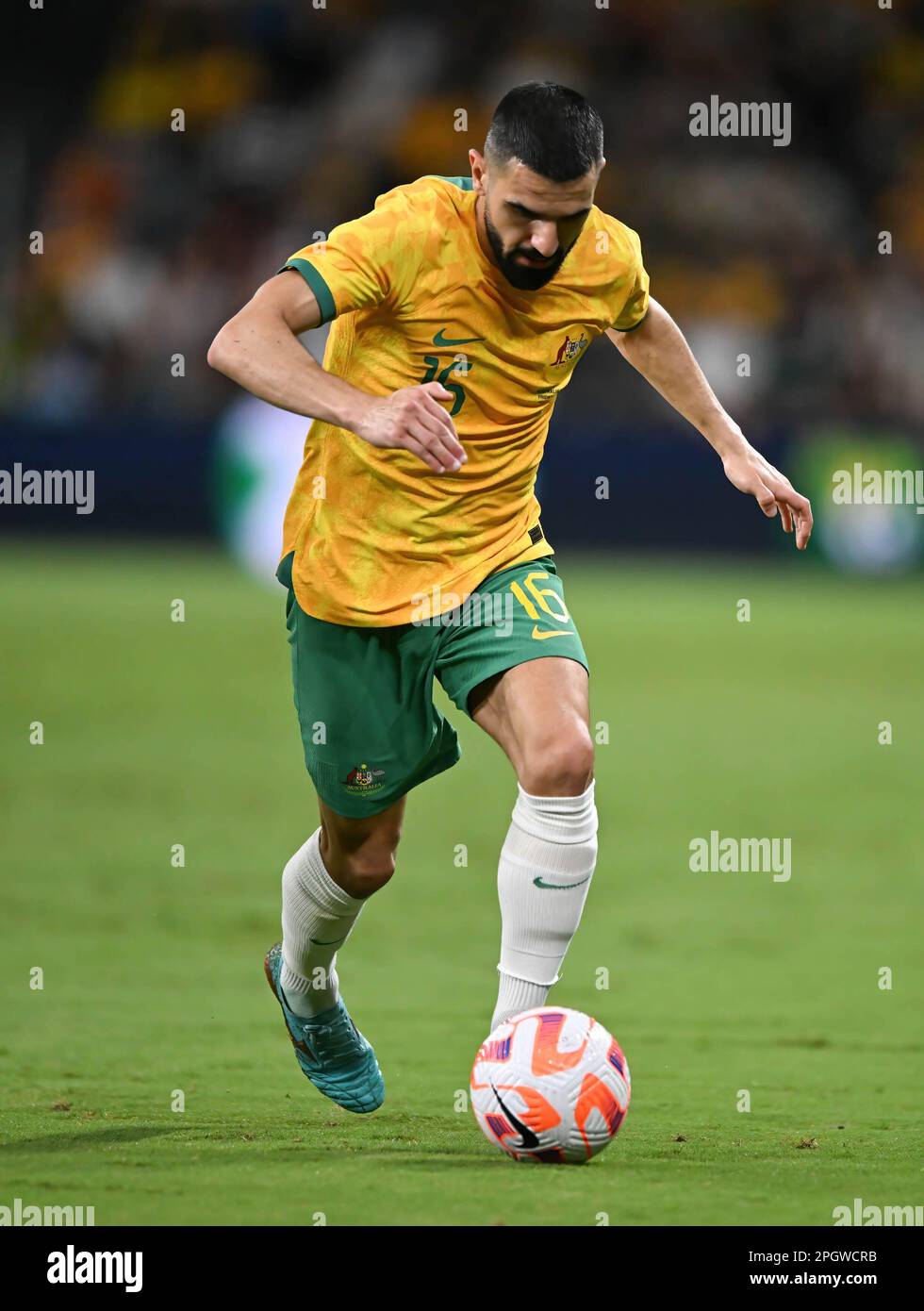 Sydney, Australia. 24th Mar, 2023. Aziz Behich of Australia National Men's soccer team in action during the 'Welcome Home' soccer match between Australia and Ecuador at the CommBank Stadium. Final score: 3:1 Australia : Ecuador. Credit: SOPA Images Limited/Alamy Live News Stock Photo