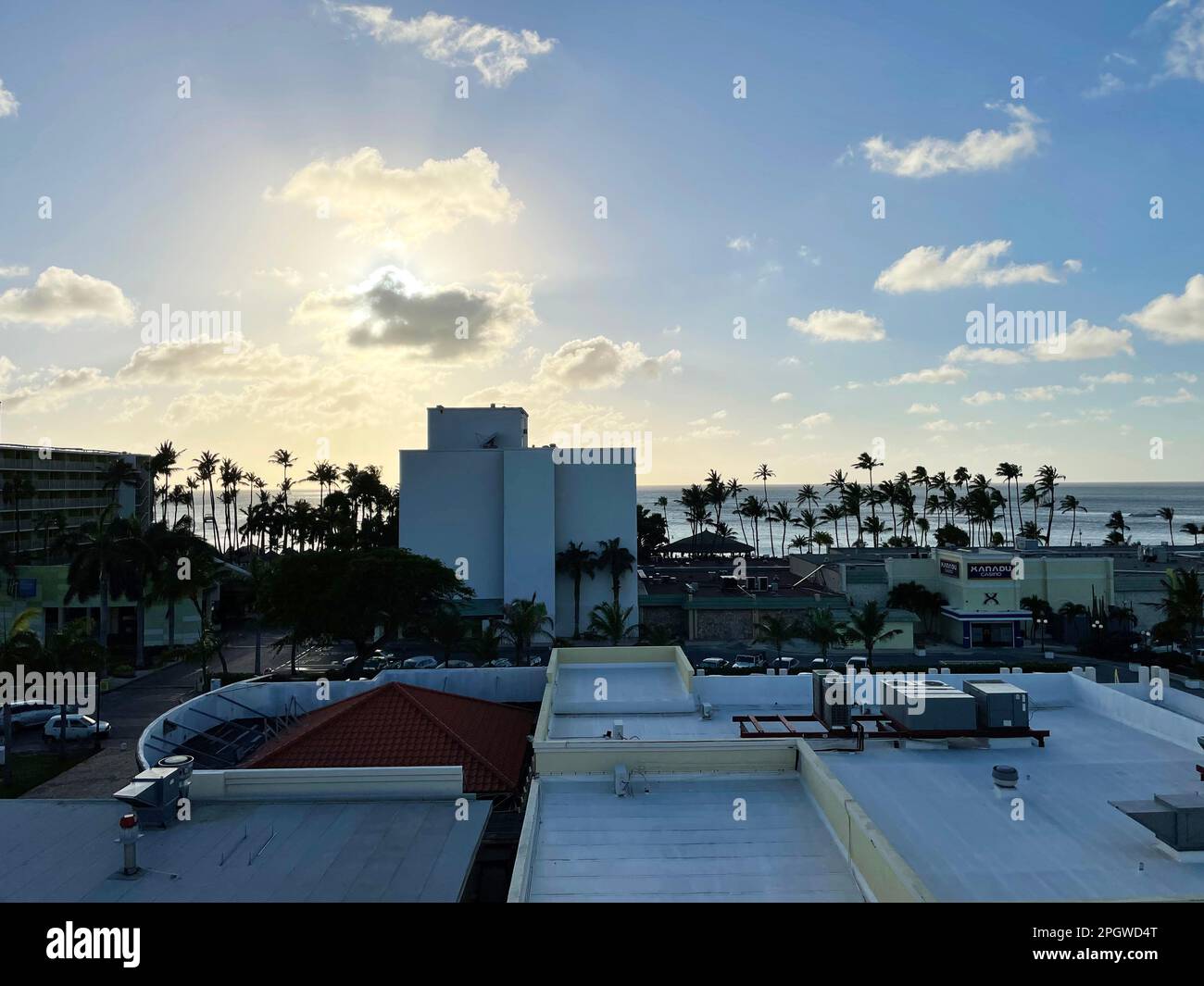 Eagle Beach, Noord, Aruba - March 9, 2022. View looking out over Noord, from the Vu Rooftop Restaurant, evening. Stock Photo