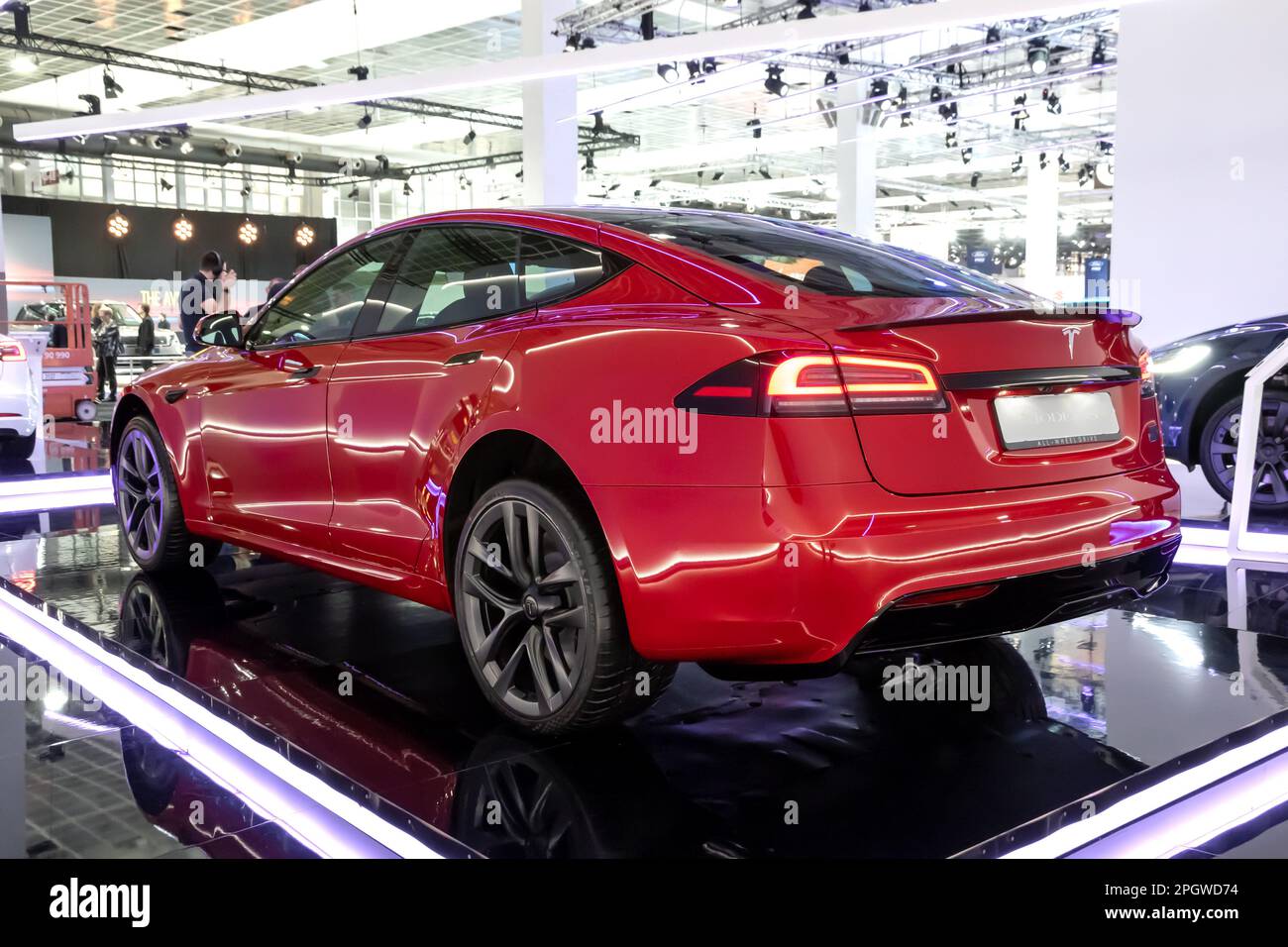Tesla Model S electric car at the Brussels Autosalon European Motor Show. Brussels, Belgium - January 13, 2023. Stock Photo