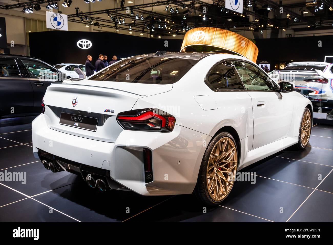 New BMW M2 car showcased at the Brussels Autosalon European Motor Show. Brussels, Belgium - January 13, 2023. Stock Photo