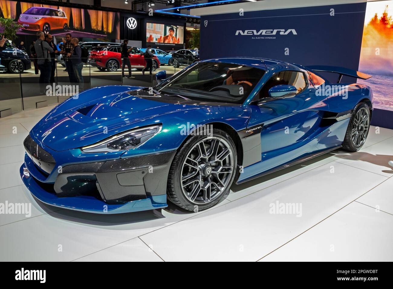 Rimac Nevera all-electric sports car at the Brussels Autosalon European Motor Show. Brussels, Belgium - January 13, 2023. Stock Photo