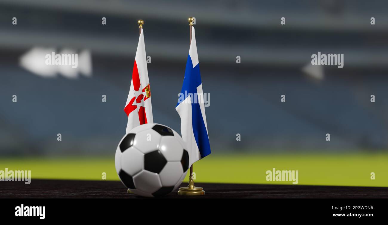 UEFA 2024 Soccer Northern Ireland vs Finland European Championship Northern Ireland and Finland with soccer ball. 3d work. Yerevan, Armenia - 2023 Mar Stock Photo