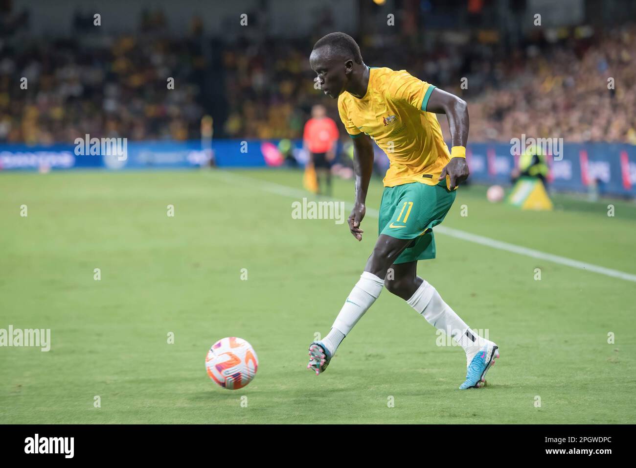 Sydney, Australia. 24th Mar, 2023. Awer Mabil of Australia National Men's soccer team in action during the 'Welcome Home' soccer match between Australia and Ecuador at the CommBank Stadium. Final score: 3:1 Australia : Ecuador. (Photo by Luis Veniegra/SOPA Images/Sipa USA) Credit: Sipa USA/Alamy Live News Stock Photo