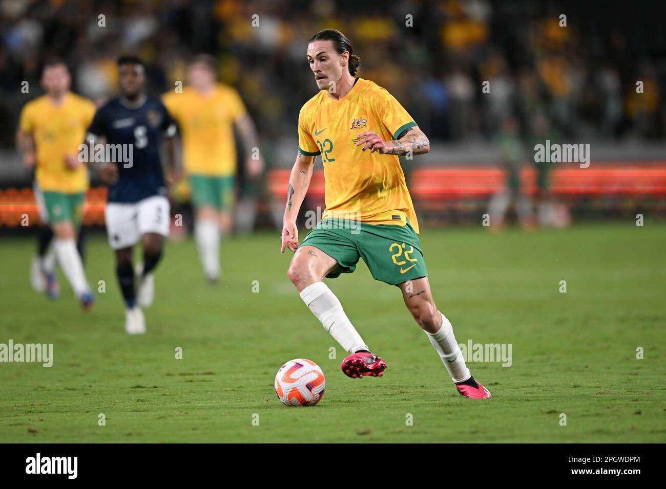 Sydney, Australia. 24th Mar, 2023. Jackson Irvine of Australia National Men's soccer team in action during the 'Welcome Home' soccer match between Australia and Ecuador at the CommBank Stadium. Final score: 3:1 Australia : Ecuador. (Photo by Luis Veniegra/SOPA Images/Sipa USA) Credit: Sipa USA/Alamy Live News Stock Photo