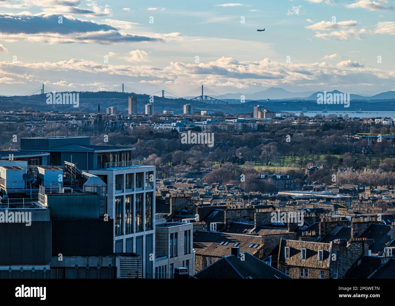 Distant view from Calton Hill over city centre to the three Forth bridges, Edinburgh, Scotland, UK Stock Photo