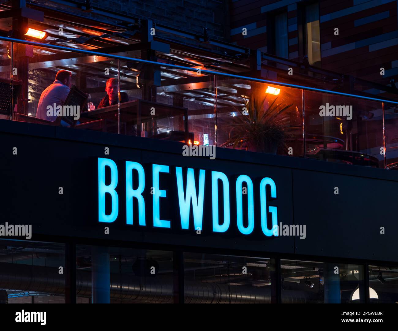 Brewdog pub neon sign lit up at night, Edinburgh, Scotland, UK Stock Photo