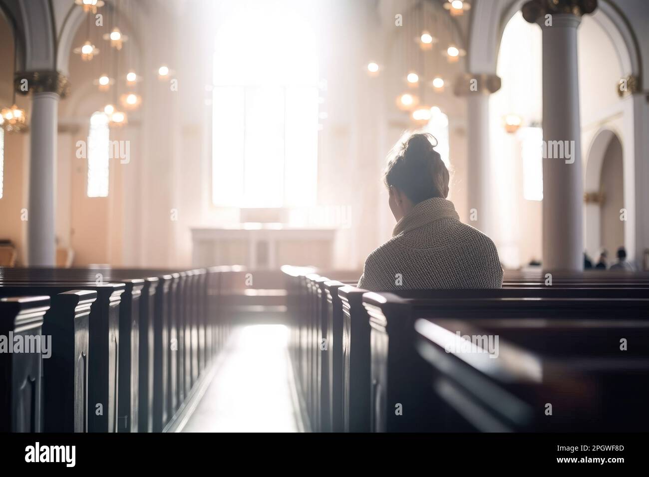 A religious woman sitting in the church in a moment of communion with