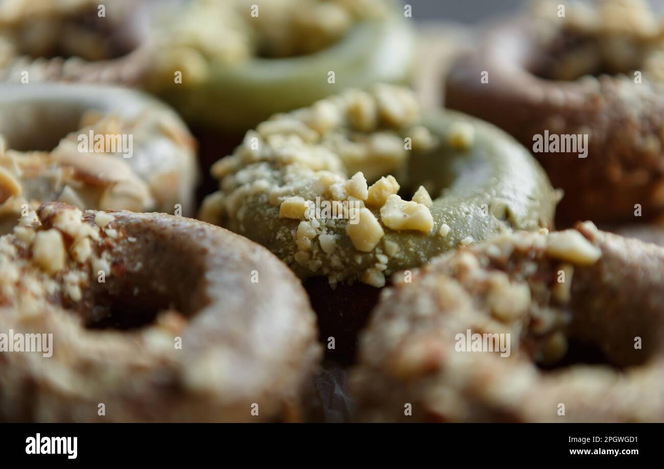 Delicious donuts with pistahio and chocolate cream. Fresh baked