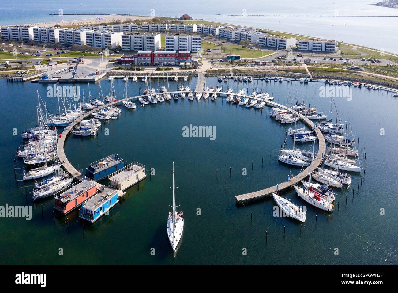 Aerial view over sailing boats docked in the Burgtiefe marina at on Fehmarn, island in the Baltic Sea, Ostholstein, Schleswig-Holstein, Germany Stock Photo