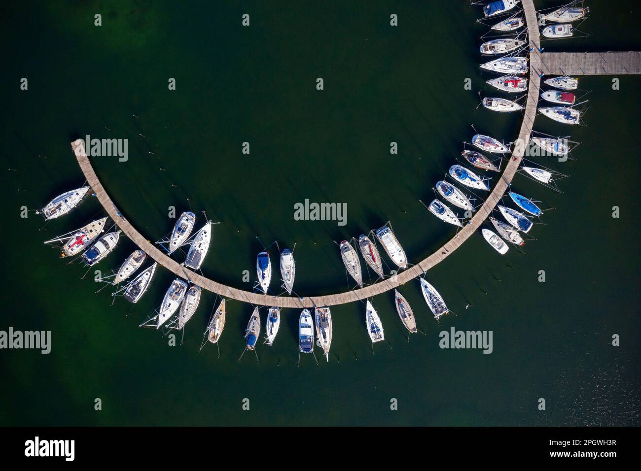 Aerial view over sailing boats docked in the Burgtiefe marina at on Fehmarn, island in the Baltic Sea, Ostholstein, Schleswig-Holstein, Germany Stock Photo
