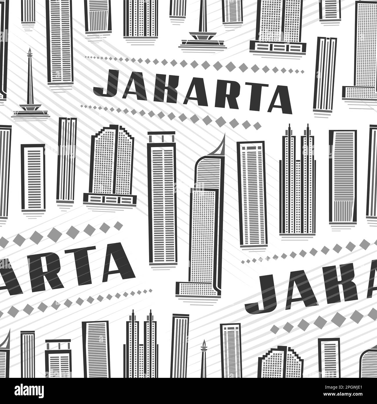 Vector Jakarta Seamless Pattern, square repeat background with illustration of asian jakarta city scape on white background for wrapping paper, monoch Stock Vector