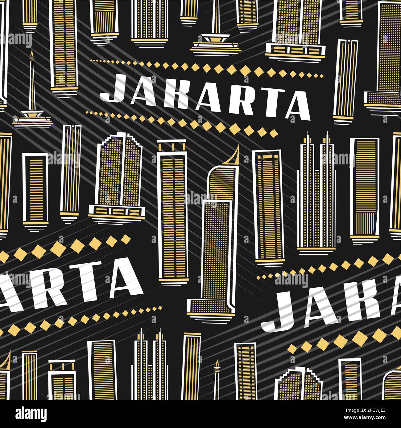 Vector Jakarta Seamless Pattern, square repeat background with illustration of asian jakarta city scape on dark background for wrapping paper, decorat Stock Vector