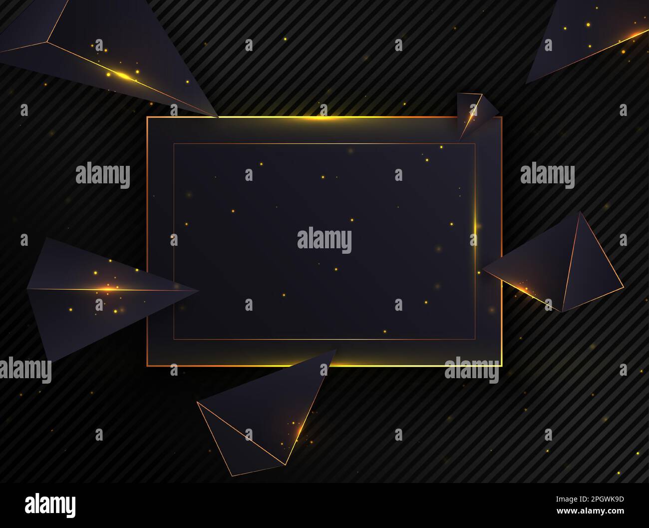 Golden particle shining and triangle on dark background. Glowing golden ...