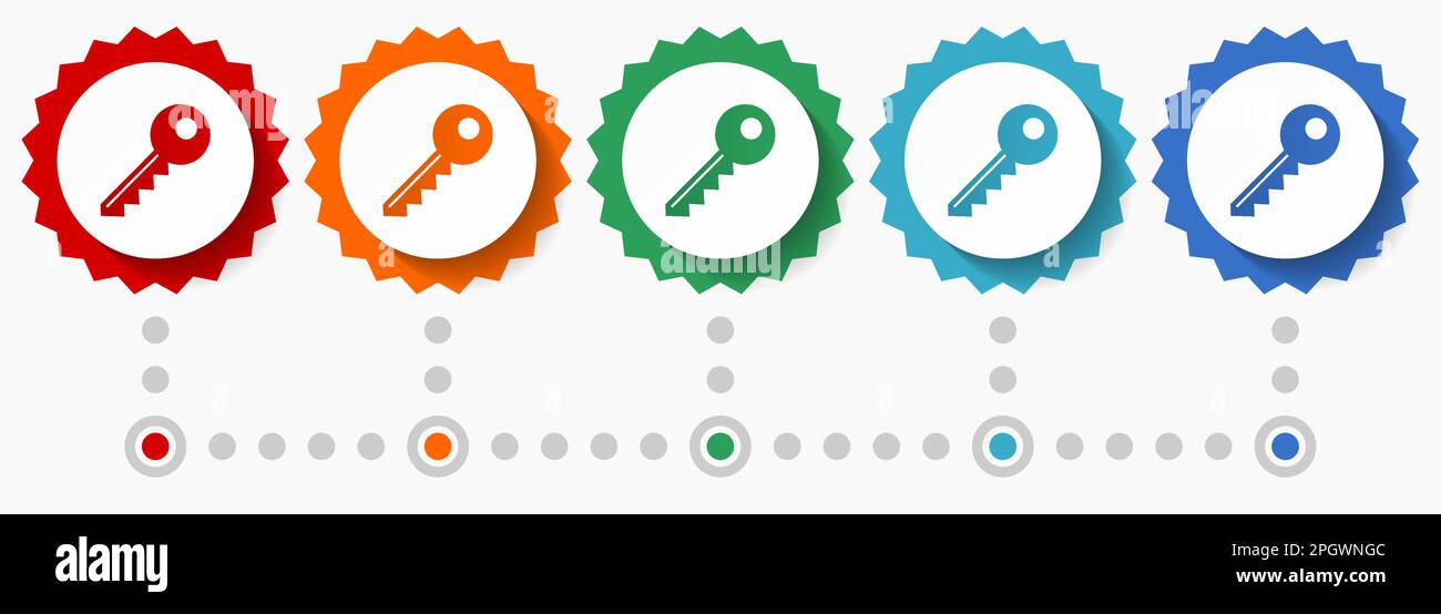 Key vector icon set, colorful infographic template, set of flat design badge icons in 5 color options Stock Vector