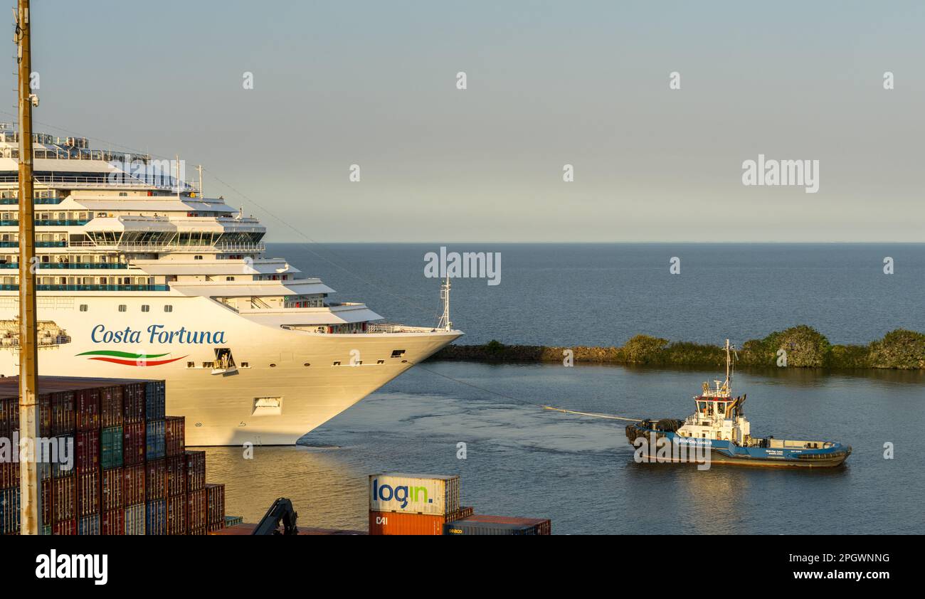 Buenos Aires, Argentina - 6 February 2023: Costa Fortuna cruise ship leaving port in the early evening Stock Photo