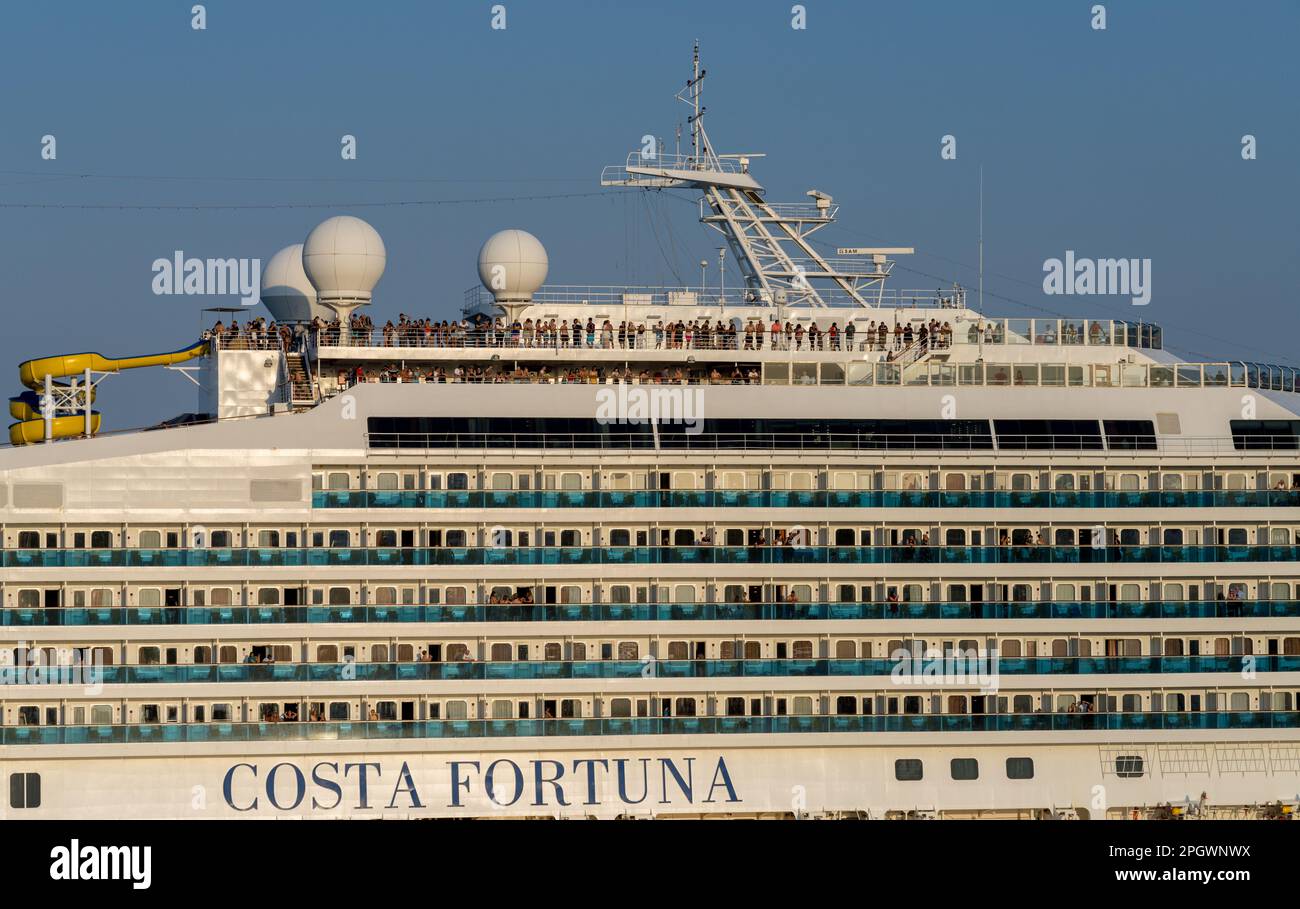 Buenos Aires, Argentina - 6 February 2023: Decks of Costa Fortuna cruise ship leaving port in the early evening Stock Photo