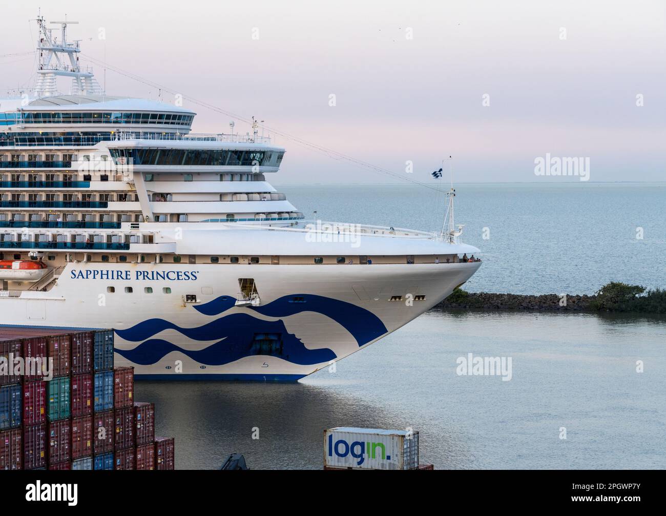 Buenos Aires, Argentina - 6 February 2023: Sapphire Princess cruise ship leaving port in the early evening Stock Photo