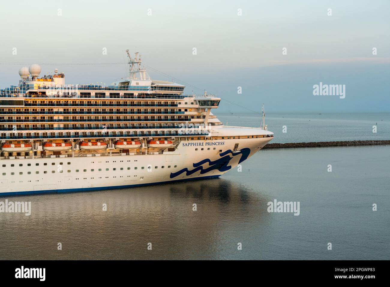 Buenos Aires, Argentina - 6 February 2023: Sapphire Princess cruise ship leaving port in the early evening Stock Photo