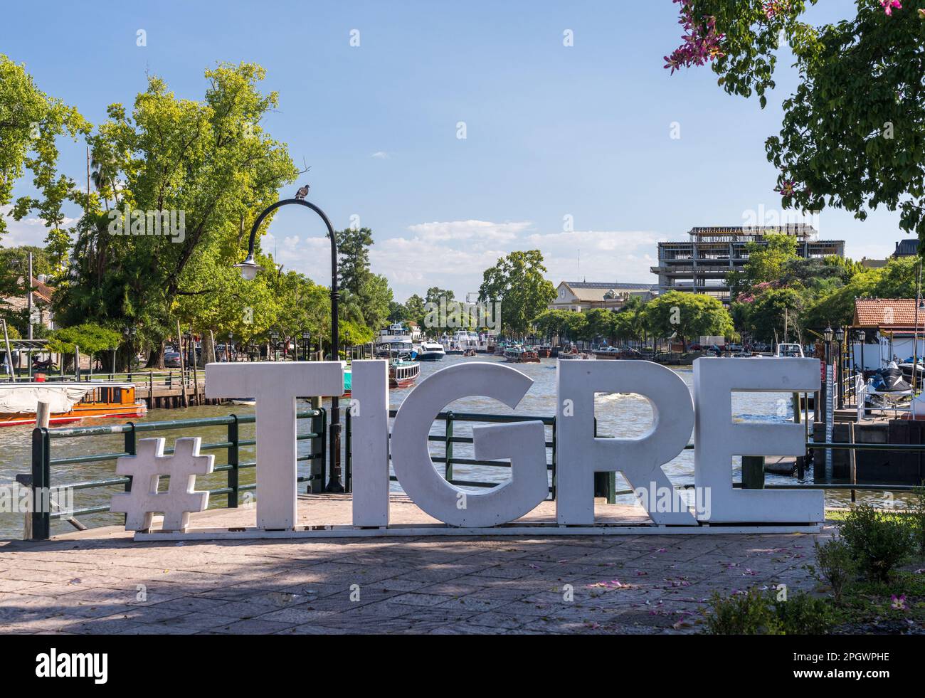 Tigre, Argentina - 7 February 2023: Town sign in the boat tour port area of Tigre on the Parana Delta Stock Photo