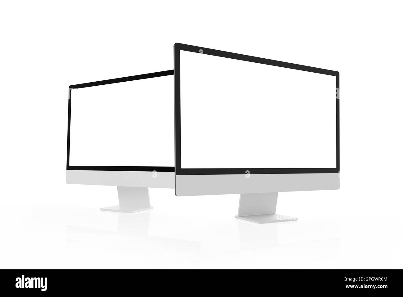 Two computer display mockups isolated. Perspective side view Stock Photo