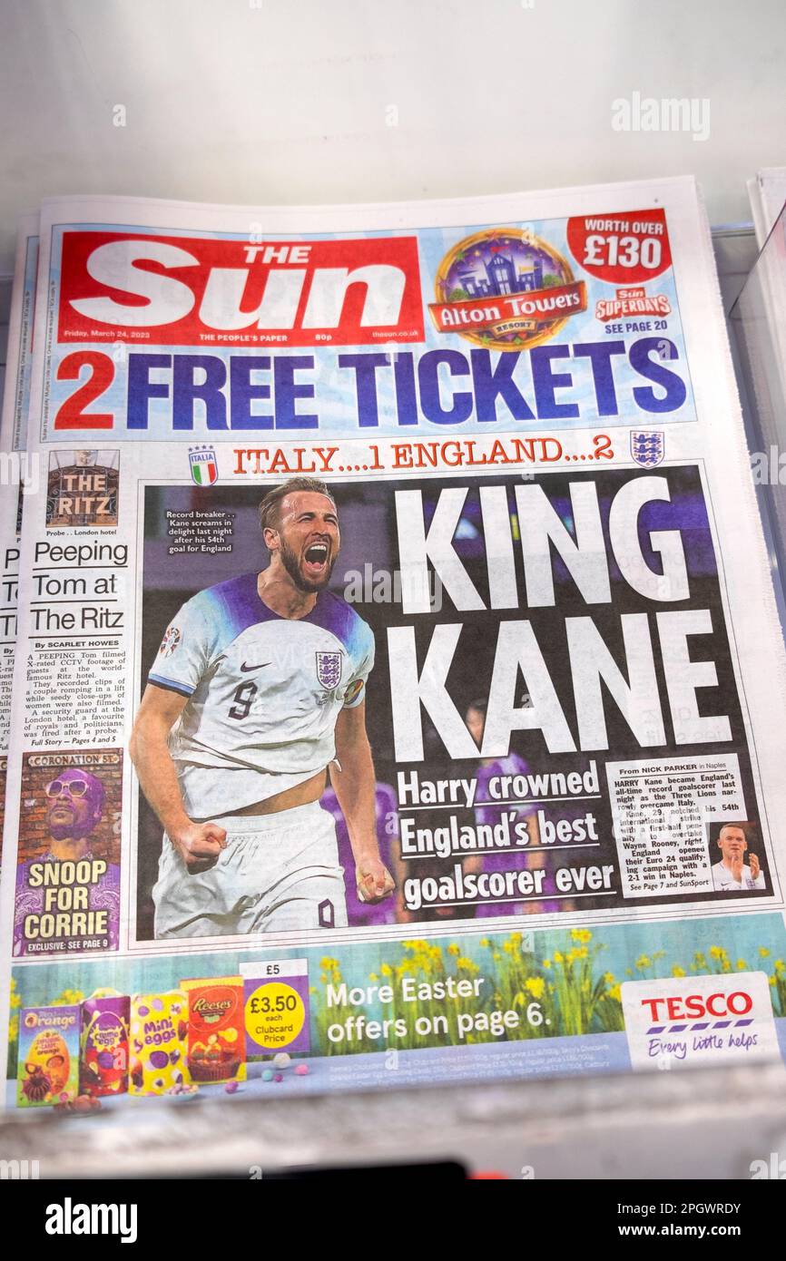Footballer Harry Kane front page The Sun newspaper headline 'King Kane' best goalscorer ever for England vs Italy 24 March 2023 London UK Stock Photo