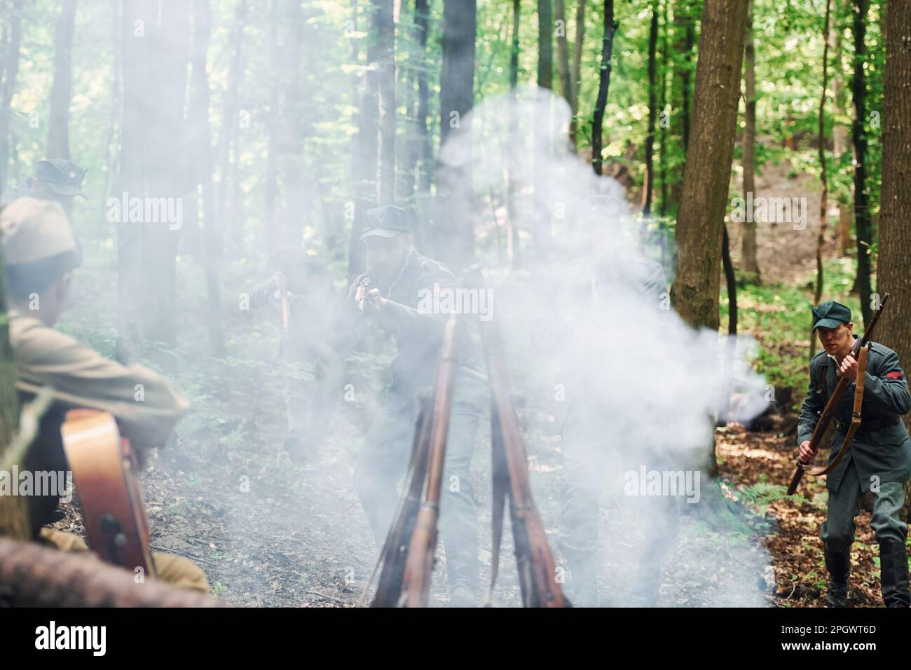 TERNOPIL, UKRAINE - June 2020 UPA Ukrainian Insurgent Army movie filming. Pictures of backstage. Smoke at campfire Stock Photo