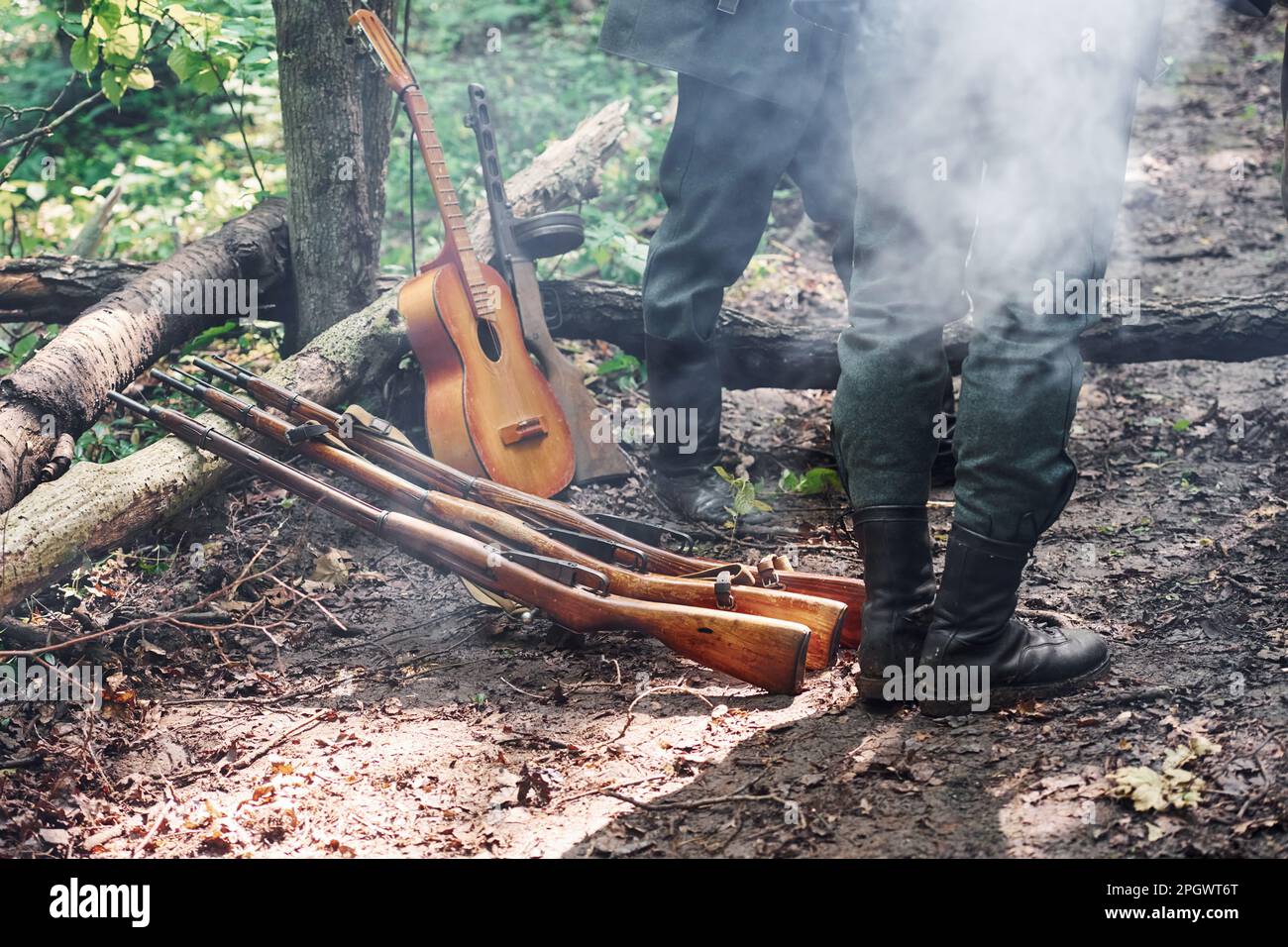 TERNOPIL, UKRAINE - June 2020 UPA Ukrainian Insurgent Army movie filming. Pictures of backstage. Weapons and acoustic guitar Stock Photo
