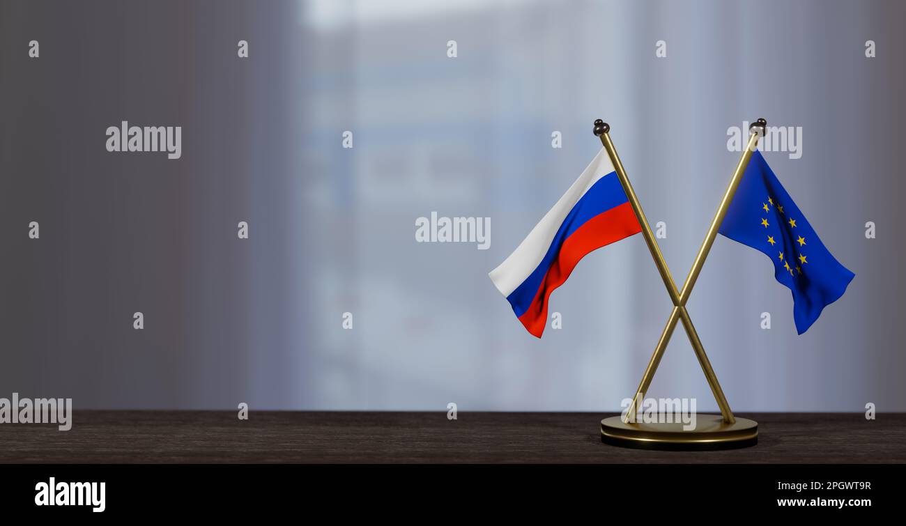Russia and Europe flags on table. Negotiation between Europe and Russia. on little blur background. 3D work and 3D image Stock Photo
