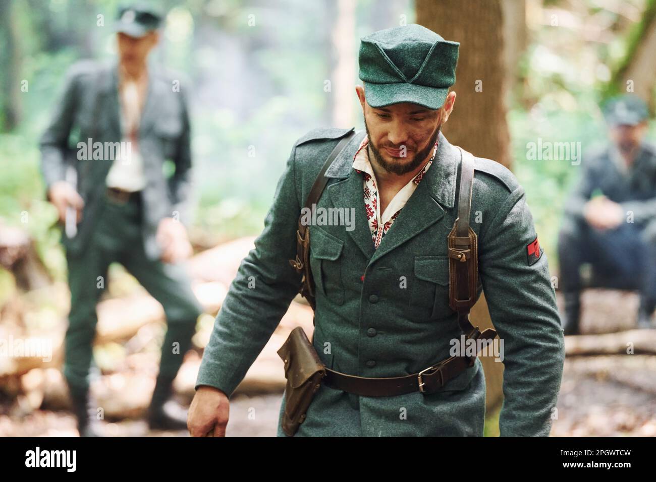 TERNOPIL, UKRAINE - June 2020 UPA Ukrainian Insurgent Army movie filming. Pictures of backstage. Front view of soldier Stock Photo