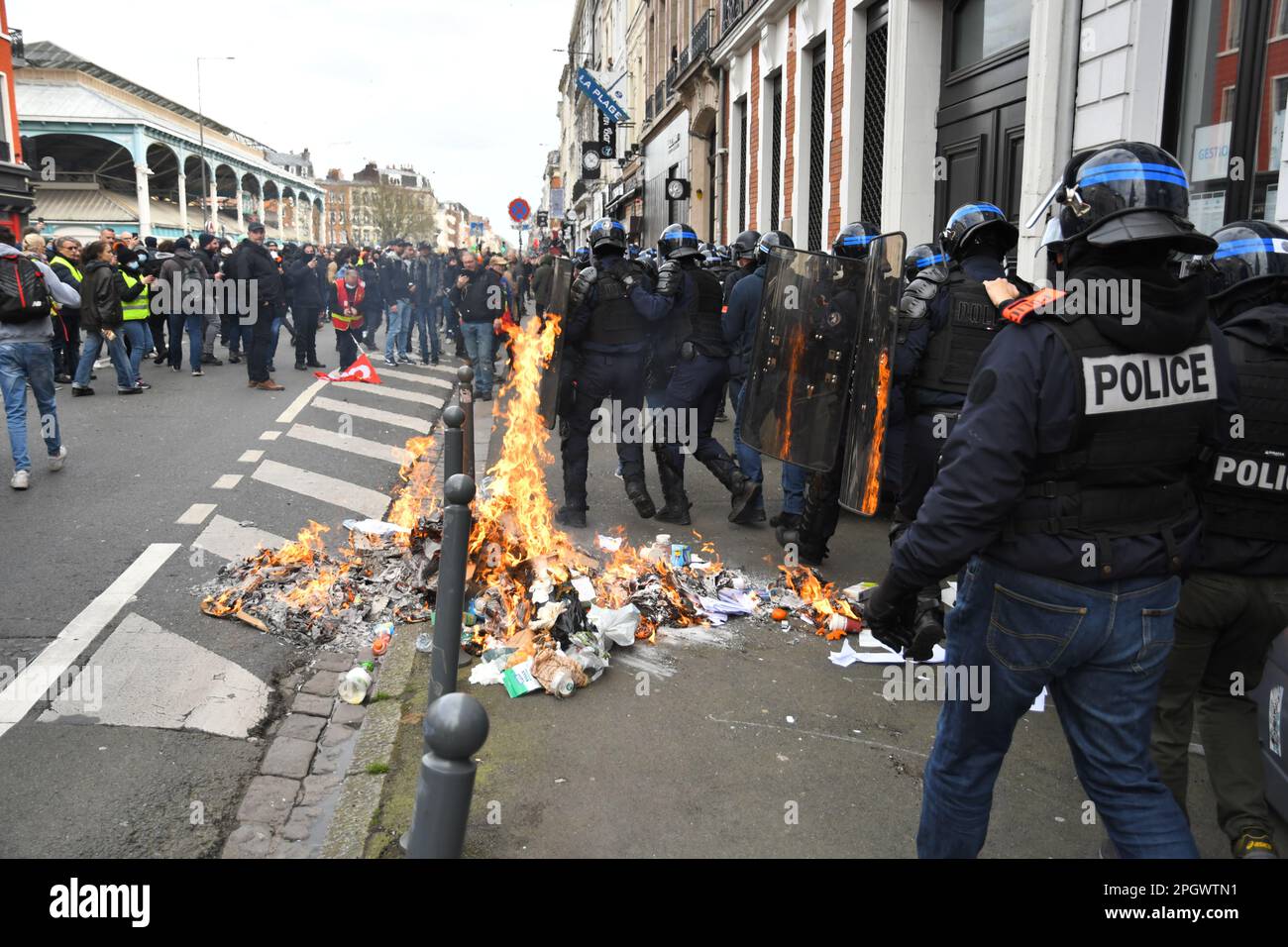 Lille,France,23th March,2023.Massive protesting across France against the pension reforms. The age of retirement is planned to go up from age 62 to 64 Stock Photo